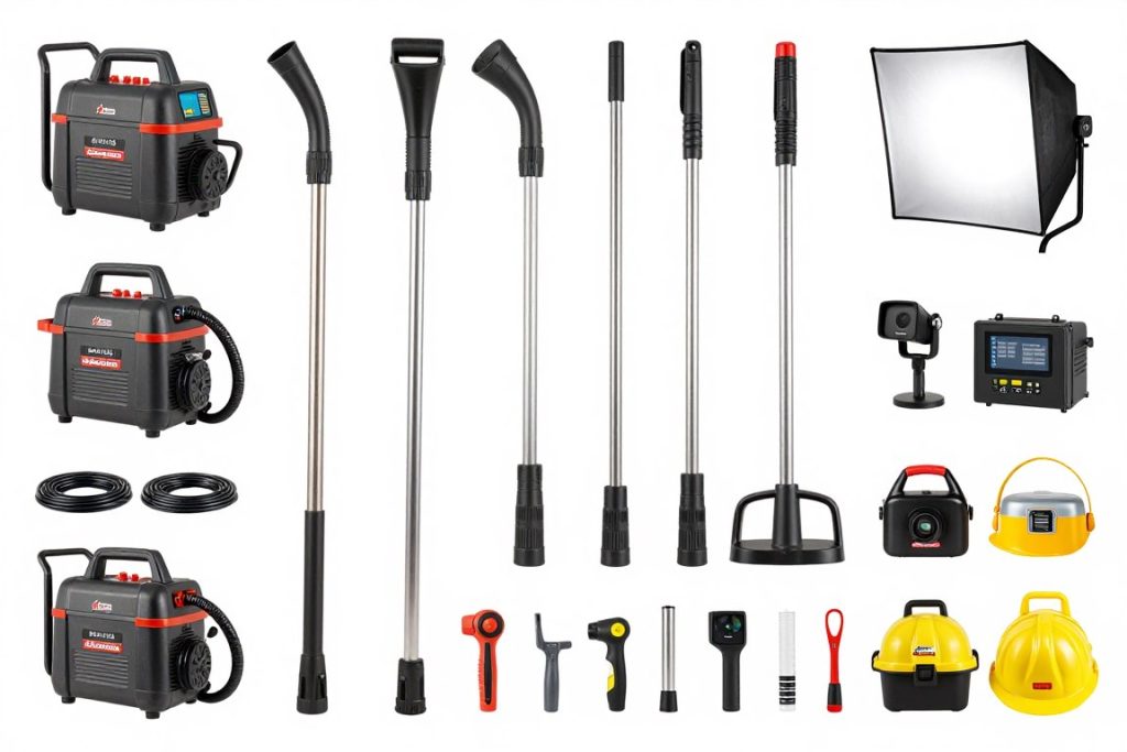 Array of professional drain cleaning tools and equipment