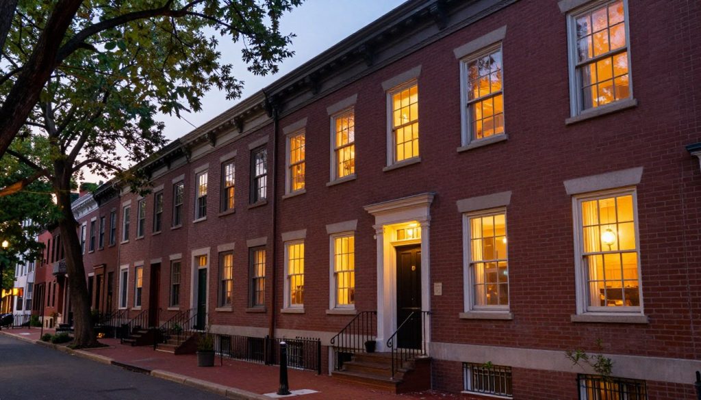 Beautiful Fishtown rowhouse street scene at dusk