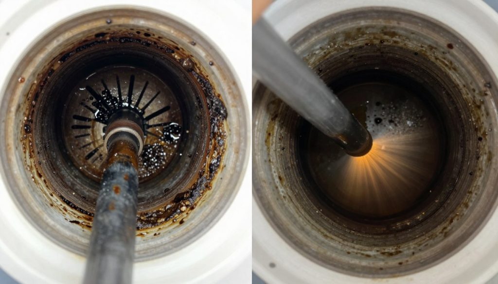 Before and after comparison of hydro jetted drain pipe interior