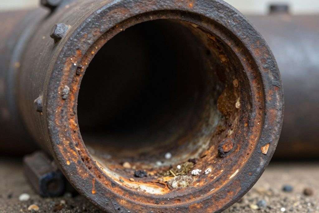 Cross-section of deteriorating cast iron pipe showing internal corrosion