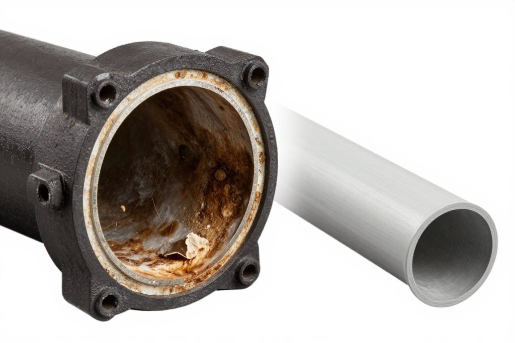 Deteriorated cast iron drain pipe from Center City rowhouse
