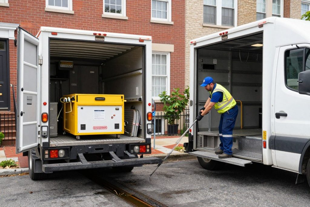 Emergency drain cleaning technician arriving at Center City Philadelphia property
