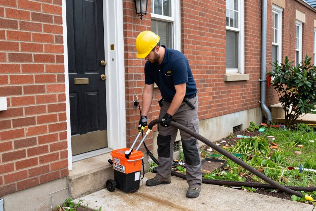 Emergency drain cleaning technician responding to same day service call