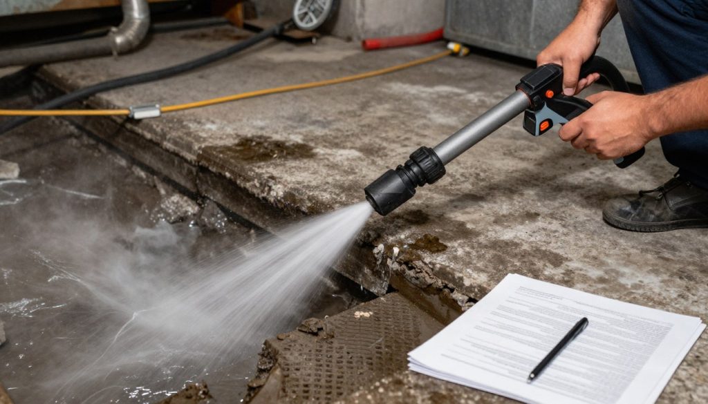 Hydro jetting equipment being used to clean drain line