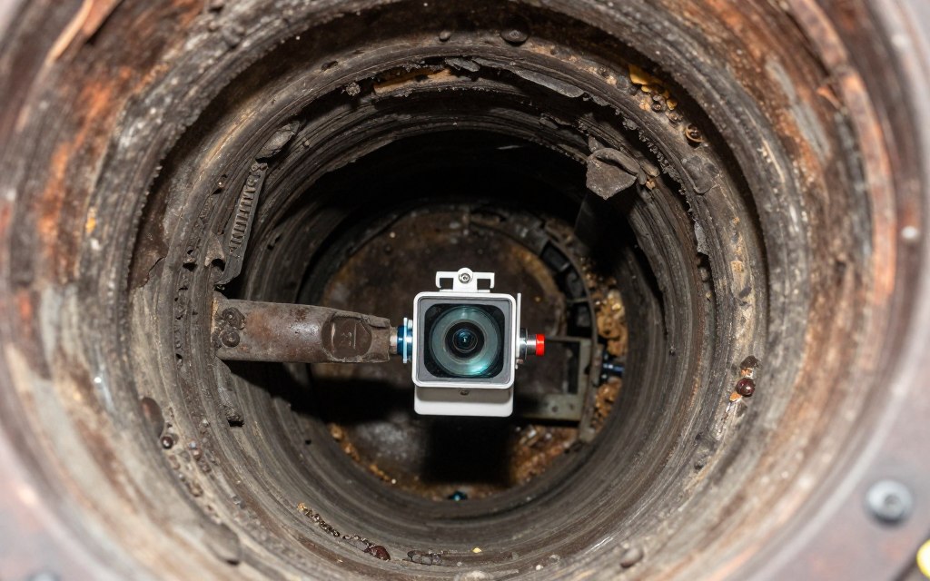 Interior view of deteriorated historic rowhouse drain pipe