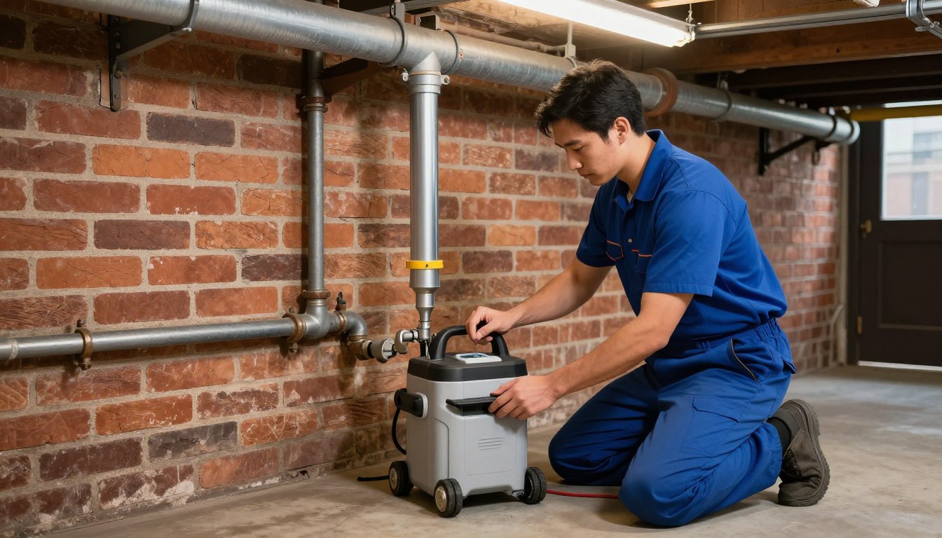 Professional drain cleaning service technician working on historic Center City Philadelphia rowhouse plumbing system