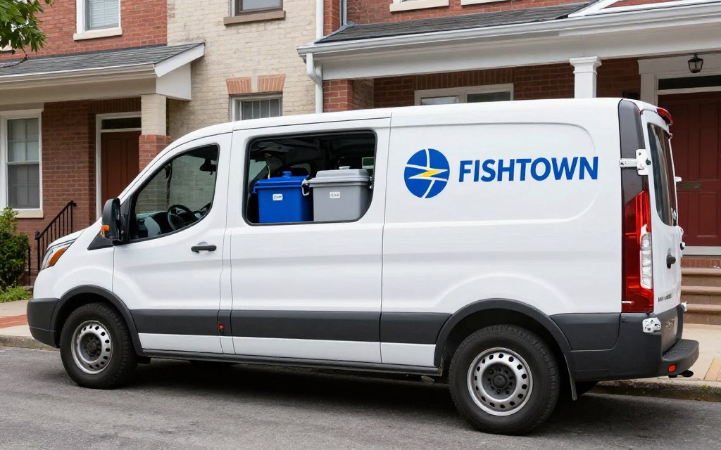 Professional drain cleaning service van in Fishtown street