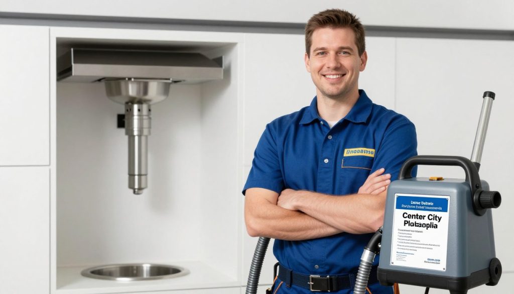 Professional drain cleaning technician with credentials and equipment