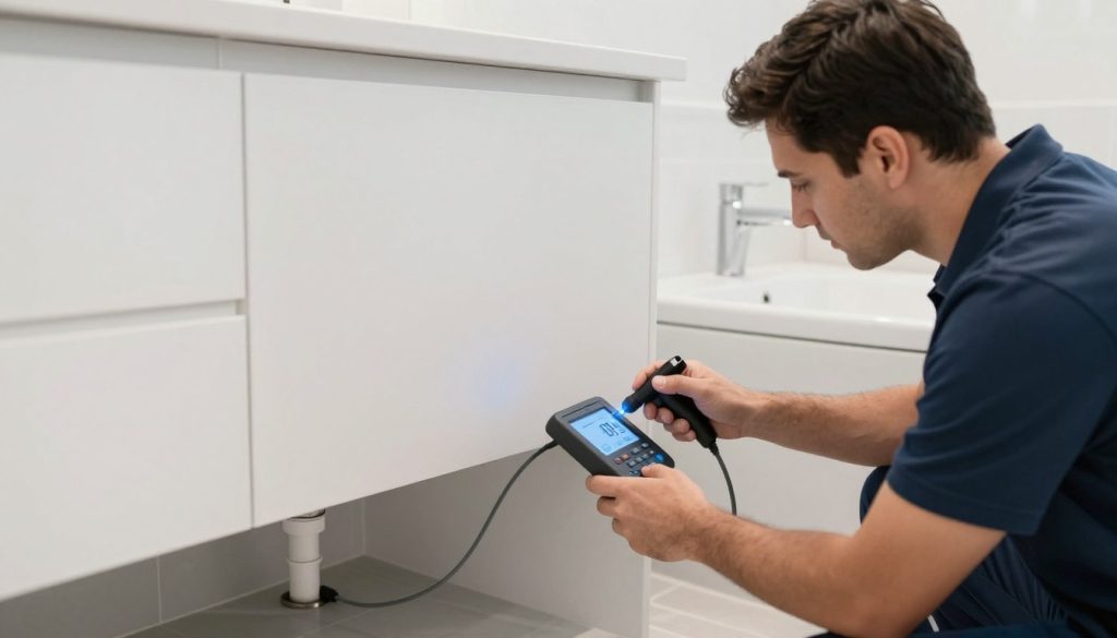 Professional examining clogged drain in Center City Philadelphia condo