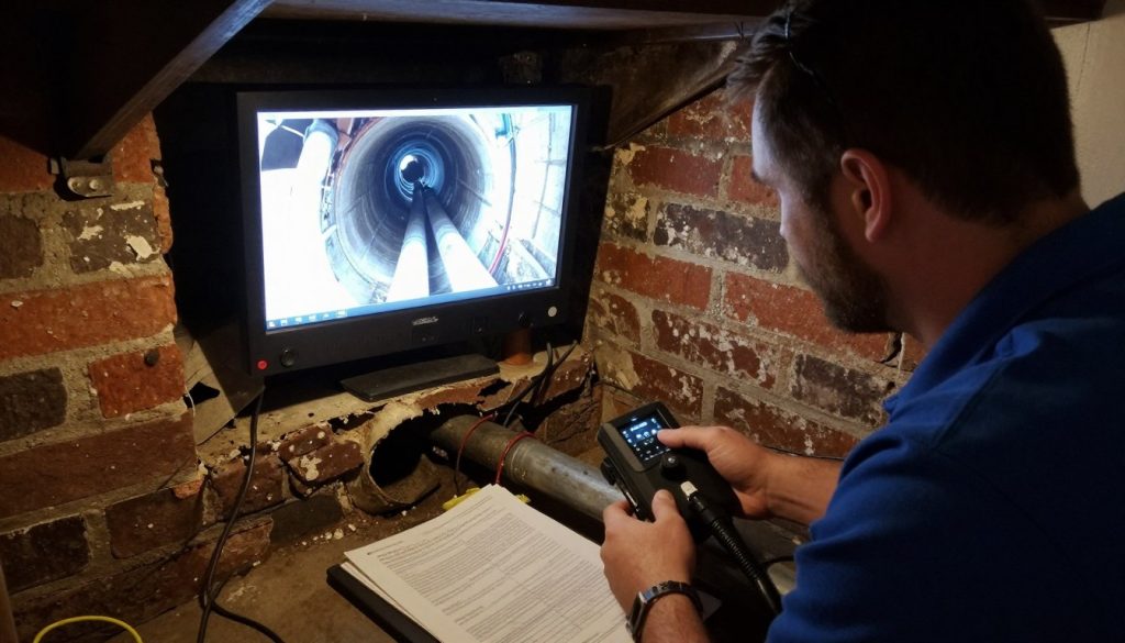 Video camera drain inspection in rowhouse basement